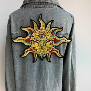 All-Seeing Sun Embroidered Patch – Golden Cosmic Sun with Third Eye Iron-On appliqué for Jackets – Spiritual and Boho Fashion