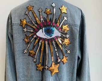 Evil Eye Star Embroidered Iron-on Patch: Golden Decorative Applique (12.9x8.8'')