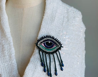 Handmade Rhinestone Beads Purple Embroidered Evil Eye Sew-on Patch with Beaded Fringe