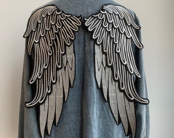 Large Embroidered Silver Angel Wings Patch for costume Sew on appliqué
