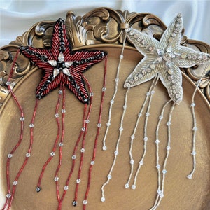 Delicate rhinestone Silver Star Patch with Tassels Beaded Sequined Iron on Applique Crystal Supplies for Coat,t-shirt Costume Decorative