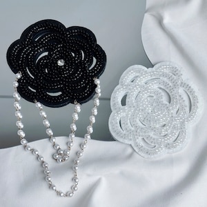 Camellia Flower Patch Black White Pearl Beaded Applique Costume for Shirts Coats Sweaters DIY Handmade Clothes Crafts Decoration Accessory