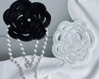 Beaded Camellia Flower Applique: Black, White & Pearl Costume Patch