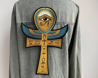 Egyptian Ankh Embroidery Patch - Winged Ankh with Eye of Horus & Hieroglyphics - Large Iron On Ancient Symbol Applique for Jackets