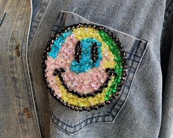 Handmade Rhinestone Smiley Face Patch – Sparkling Earth-Inspired applique