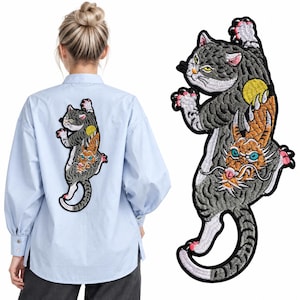 Japanese Yokai Cat Patch – Bakeneko / Nekomata Embroidered Appliqué with Dragon Motif | Iron-On Patch for Jackets & Streetwear