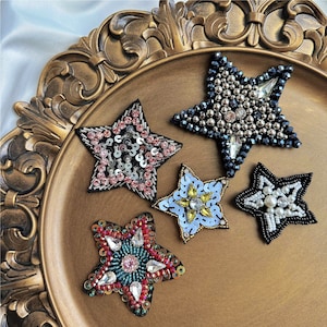 Handmade Beaded Stars Sequined Patch Applique Rhinestone Sparkle Star Patches Embroidered for Vintage Clothes DIY Costume Decorative
