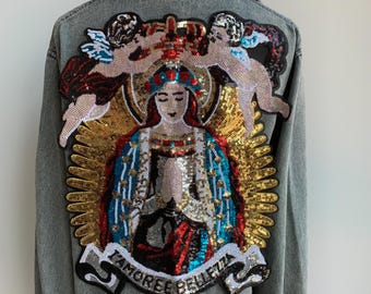 Naszywka z cekinami z motywem Matki Boskiej: Duża aplikacja religijna (40 cm)