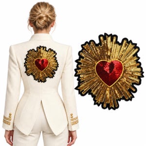 Kristna paljetter Sacred Heart Stryk-på-lapp för jeansjacka, fantastisk broderad lapp
