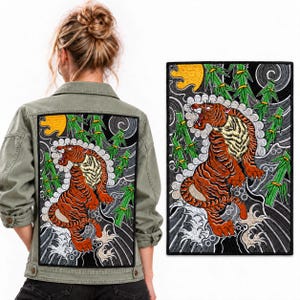 Large Japanese Tiger Embroidery Patch – Oriental Wave Iron On Appliqué with Bamboo Design for Jackets & Back Patches