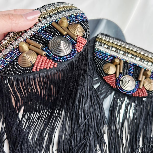 Bohemian Rhapsody: Handmade Colorful Beads Shoulder Decoration with Long Black Fringe