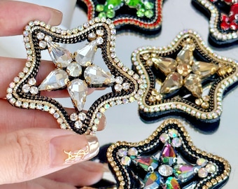 Delicate Rhinestone Flower Star Patches Sparkly Handmade Crystal Costume Embellishments for Vintage Sweaters, Bags Accessories DIY Custom