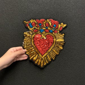 Sequin Sacred Heart Iron-On Patch - Heart with Gold Beams for Jacket - Religious Applique for back