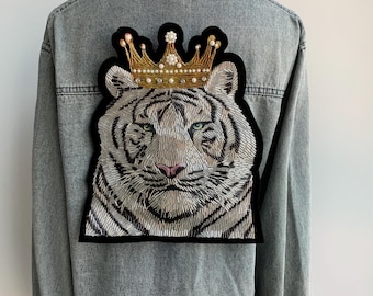 Handmade Beaded White Tiger Patch: Royal Crown Applique