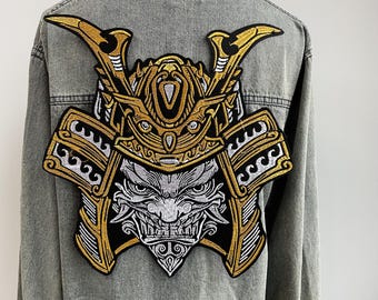 Oversized Samurai Mask Embroidered Patch | Gold Japanese Warrior Back Patch for Denim Jacket | Statement Applique Biker Jacket Decor