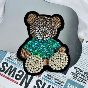 Delicate Rhinestone Teddy Bear Patches Beaded Sequins Animal Pearl Applique Sew on Clothes,Badges,Hats Crystal Decoration Handmade