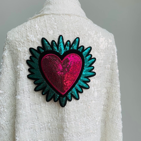 Large Sequinned Sacred Heart Iron-On Patch - Purple Heart with Glowing Green Sequin Accents - 19cm x 20cm