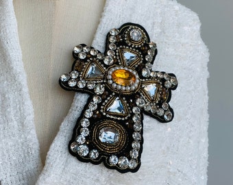 Handmade Transparent Rhinestone Jesus Cross Applique - Divine Elegance for Inspired Creations