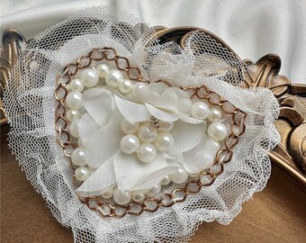 Handmade Pearl Heart Applique: White Flower Patch for Clothes