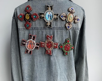Beaded Catholic Cross Patch with Virgin Mary Centerpiece
