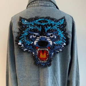 Extra large sequins Wolf Sew on patch for jeans jacket back appliqué