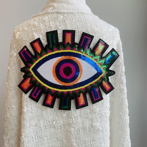 Large Colorful Sequin Evil Eye Iron-On Patch - 9.5 inches x 12 inches - Unique Handmade Talisman