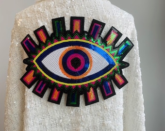 Large Colorful Sequin Evil Eye Iron-On Patch: Handmade Talisman (9.5 x 12 inches)