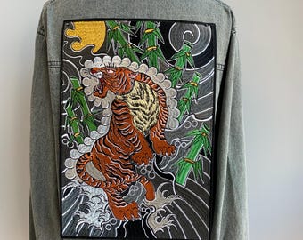Large Japanese Tiger Embroidery Patch – Oriental Wave Iron On Appliqué with Bamboo Design for Jackets & Back Patches