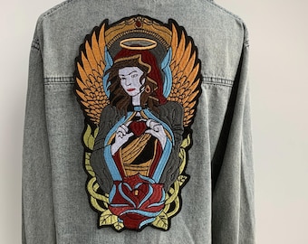 Embroidered Angel Iron-On Patch | Divine Appliqué with Heart, Halo & Wings for Jackets, Faith-Based Fashion