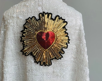 Christian Sequins Sacred Heart Iron on patch for Denim jacket applique,stunning embroidered patch