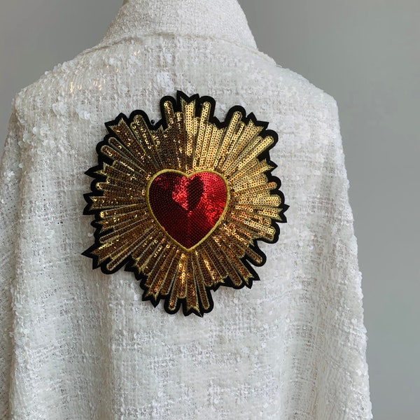 Christian Sequins Sacred Heart Iron on patch for Denim jacket applique,stunning embroidered patch