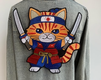 Samurai Cat Embroidered Patch - Large Japanese Warrior Cat Applique - Kawaii Samurai for Denim Jacket Back - Statement Animal Irom on Patch