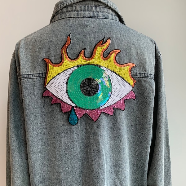 Sparkling Evil Eye Iron-On Patch - Flame and Teardrop applique for jeans shirt