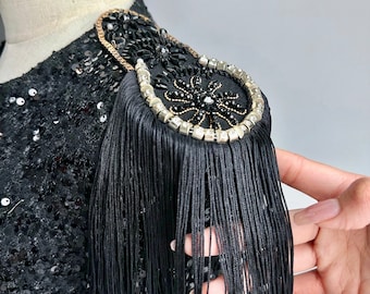 Handcrafted Beaded Black Epaulet with Tassels