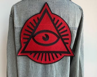 Red Triangle All-Seeing Eye Embroidered Patch – Gothic Occult Iron-On Patch for Jackets & Hoodies