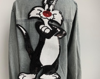 Glittery Sequin Cat Appliqué - Joyful Patch for Kids Clothing