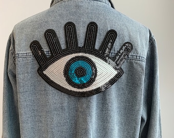 Large Sequins Evil eye iron on patch for denim jacket applique