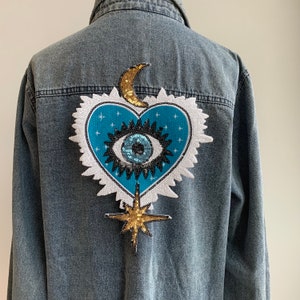 Celestial Sacred Heart: Embroidered Sequins Evil Eye Iron-on Patch with Moon and Star