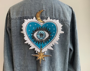 Celestial Sacred Heart: Embroidered Sequins Evil Eye Iron-on Patch with Moon and Star