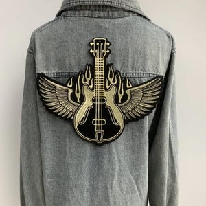 Gold Guitar Wing Patch with Flames | Rock and Roll Embroidered Iron On Applique | Punk Guitar Patch for Jackets & Vests