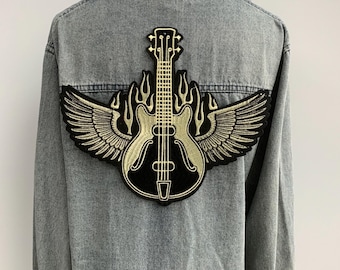 Gold Guitar Wing Patch: Embroidered Rock and Roll Iron On Applique