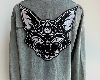 Schwarze Gestickte Sphynx Katze Aufnäher: Mond & Sterne zum Aufbügeln