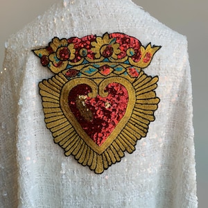 Large Sequins Embroidered Sacred Heart Sew-On Patch,for Christian clothes back applique,aIntricate Design,Statement Embellishment