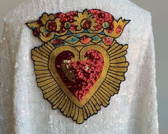 Large Sequins Embroidered Sacred Heart Sew-On Patch,for Christian clothes back applique,aIntricate Design,Statement Embellishment