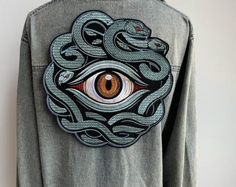 Medusa Eye Snake Embroidered Patch - Large Gothic Serpent Eye Appliqué for Denim Jacket Back - Mythical Protection Symbol Patch