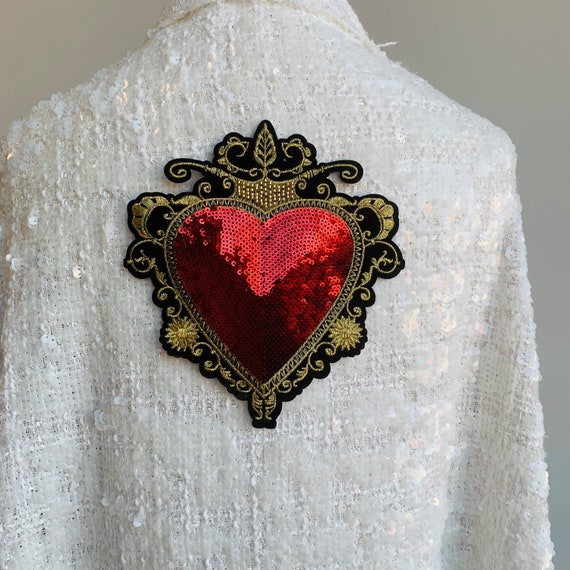 Embroidery heart large patch handmade sequin patches for clothing DIY Iron  on patch embroidery flowers parche