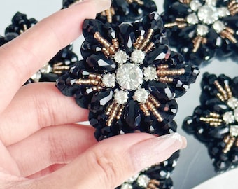 Crystal Snowflake Patch: Black Rhinestone Applique with Golden Beads (2.2")