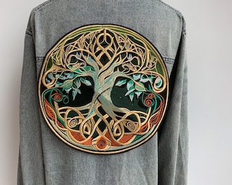 Green Tree of Life Embroidered Patch: Iron On Jacket Appliqué