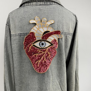 Mystic Sacred Heart Eye Patch | Large Sequin 3D Silver Thread Embroidery Iron On Applique for Jacket Back | Anatomical Heart Patch