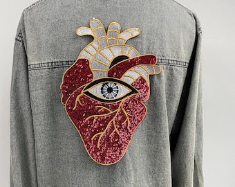 Mystic Sacred Heart Eye Patch | Large Sequin 3D Silver Thread Embroidery Iron On Applique for Jacket Back | Anatomical Heart Patch